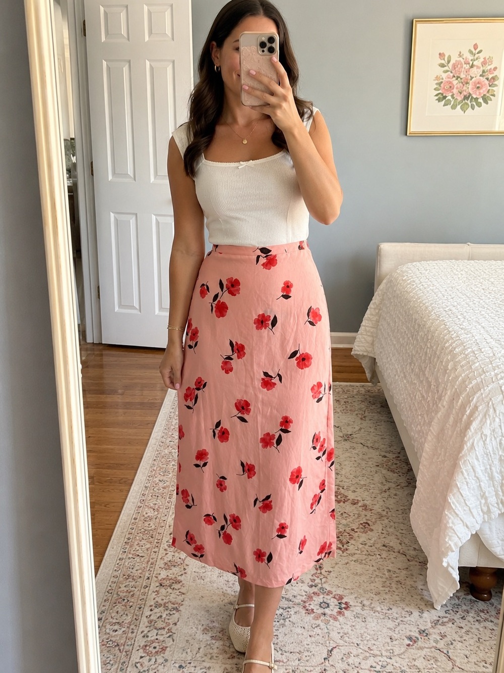 Zara Pink Floral Linen Blend Printed Midi Skirt NWT